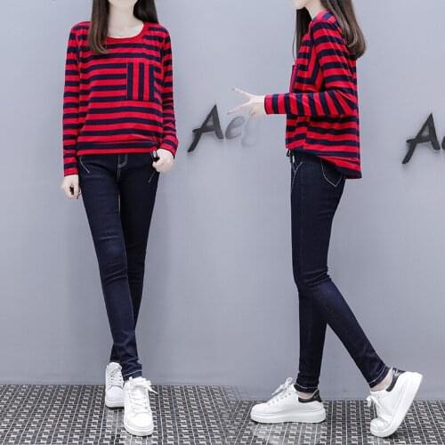 Suit female large size womens fashion loose striped long-sleeved shirt jeans two-piece temperament elegant 2018 autumn new