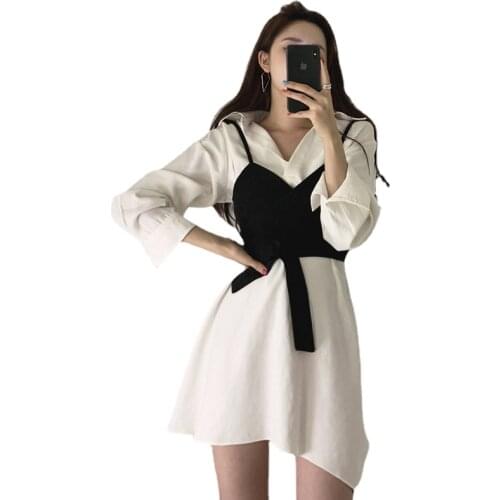 Korean Fashion Vestidos Women 2PC Dress Suit Sweet Two Piece Dress Sets Long White Shirt Dress&little Camis Vest Suits Outfits