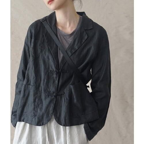Johnature Women Vintage Linen Jackets Solid Color Suit Coats Chinese Style Button Loose Linen Coats 2021 Spring New Pockets Suit