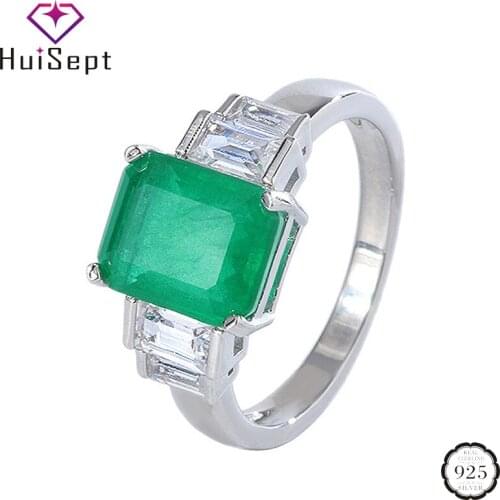 HuiSept Retro Rings for Women 925 Sterling Silver Jewelry Accessories 8*10mm Rectangle Emerald Gemstone Wedding Engagement Ring