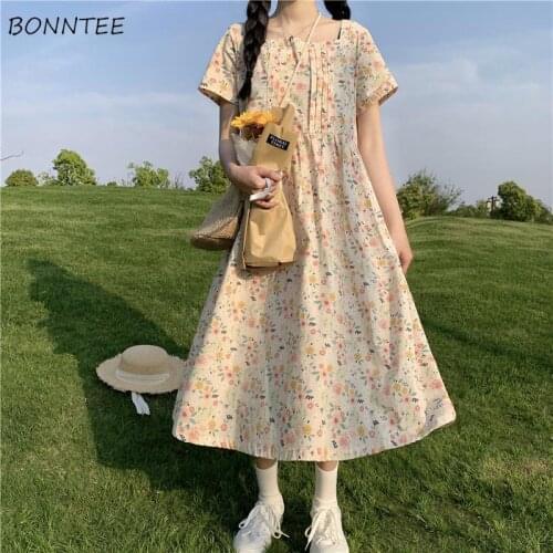 Dress Women Tender Aesthetic BF Fashion Vestido Print Prairie Chic Simple College A-Line Midi Charm Artistic Korean Style Kawaii