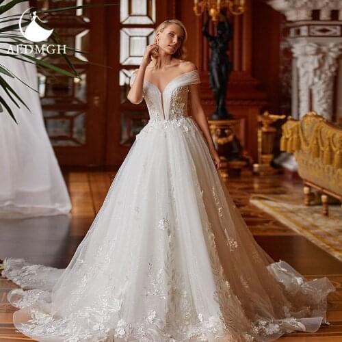 Aedmgh A-Line Princess Wedding Dresses 2021 Strapless Off The Shoulder Robe De Mariee Backless Appliques Vestido De Novia