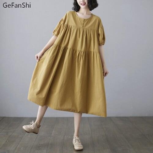 2021 New Cotton Linen Women Dress Summer Plus Size Fashion Vintage Dress Casual Half Sleeve O-Neck Loose Dresses
