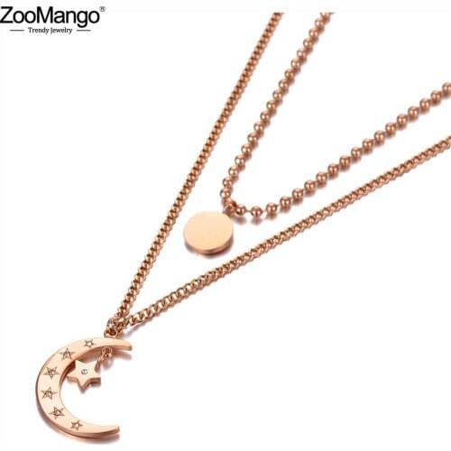 ZooMango Trendy 316L Stainless Steel Double-layer Moon Star Charm Choker Necklace Bohemia CZ Pendant Necklace For Women ZN20100