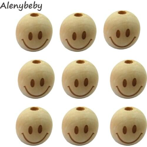 100pcs Natural Wood Beads Laser Printing Smiley face Elephant Beads Teether Baby Teething Wooden Round Beads for Jewelry Making