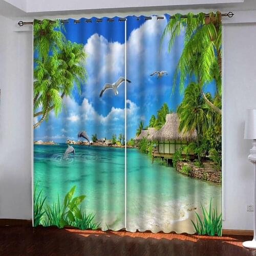 3D Curtain Custom Size Coconut tree at seaside sightseeing pavilion curtains Bedroom Living Room Office Bathroom curtain