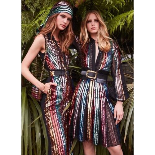 Colorful Lace Patchwork Rainbow Striped Sequin Shiny Dress Button Embellished Tight Waist Long Sleeve Femme Mini Party Dress