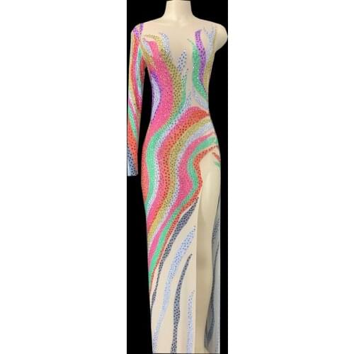 Sparkly Multi-color Rhinestones Long Dress Birthday Celebrate Prom Party One Shoulder Transparent Dress Female Singer Dresses