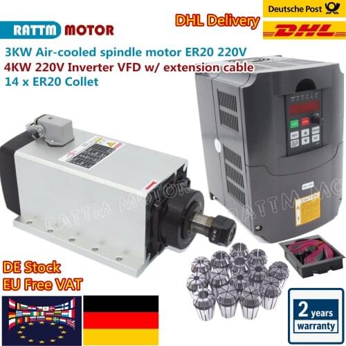 【EU Delivery】Square 3kw ER20 Air Cooled Spindle Motor Runout-off 0.01mm & 4kw HY Inverter VFD & ER20 Collet for CNC Engraving