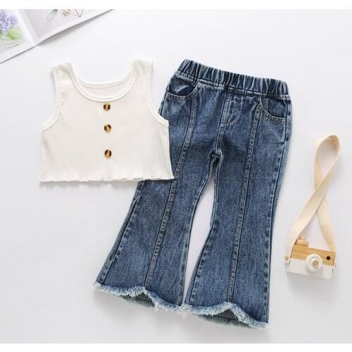 Toddler Kids Baby Girl Clothes Baby Summer Clothing Casual White Tops+Fashion Jeans Pants 2PCS Outfit 2 3 4 5 6 Years Old