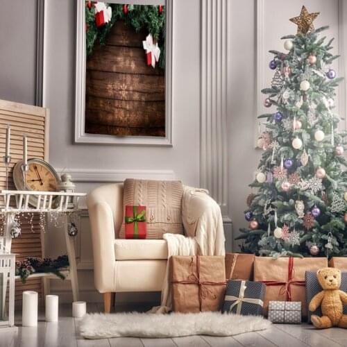 Tapestry Christmas Gifts Pine Branches Baubles On A Wooden Table Country Style Rustic Decoration Green Red Brown