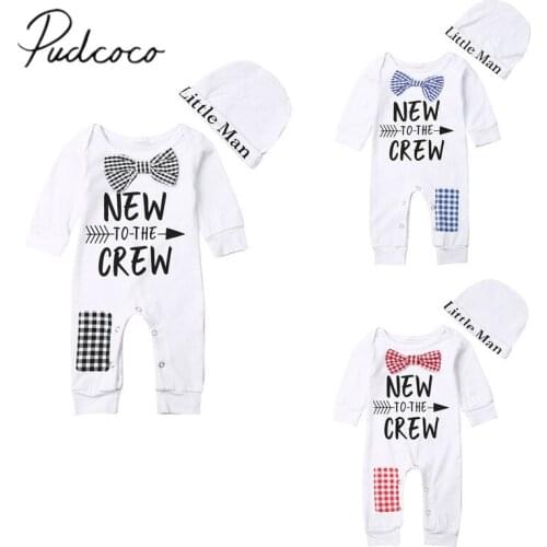 2019 Baby Spring Autumn Clothing Newborn Baby Boy Cotton Gentlemen Romper Jumpsuit Patchwork Clothes Long Sleeve Outfits Hat Set