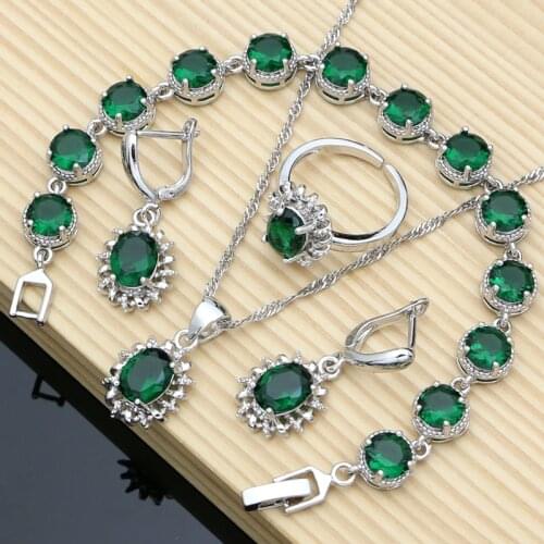 Women 925 Sterling Silver Earrings Jewelry Sets Gem Emerald Fine Bridal Jewelry Bracelet Necklace Sets 7 Colors Stone