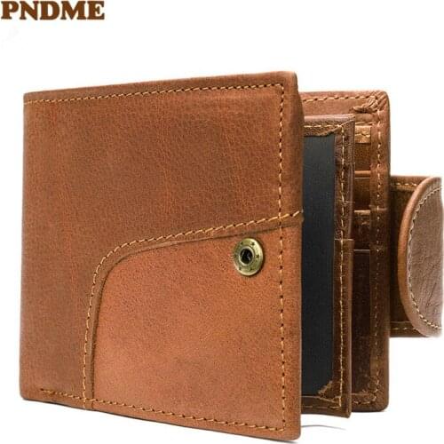 Business vintage genuine leather mens short wallet casual stitching natural soft first layer cowhide ID multi card holder purse