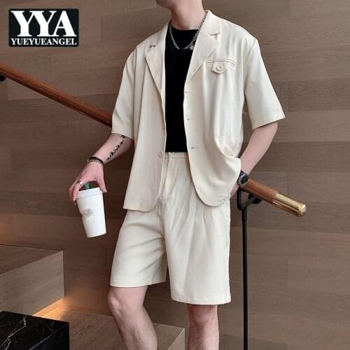 2021 New Summer Fashion Loose Suits Mens Sets Korean Style Thin Turn-Down Collar Single Breasted Pockets Vintage Casual Shorts