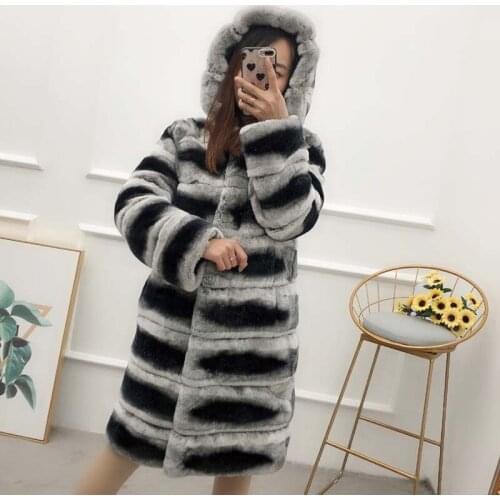 Women natural Totoro long section rex rabbit fur 100% genuine chinchilla hooded coat color female winter jacket