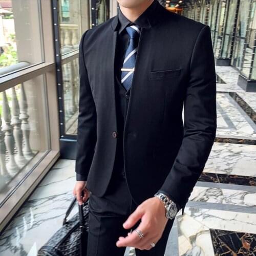Jacket+Vest+Pants) Fashion Boutique Solid Color Stand Collar Tunic Casual Business Suit Mens Groom Wedding Dress 3 Pieces Suit