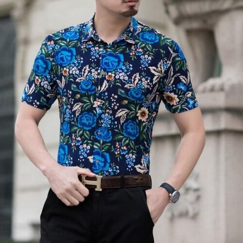 Mens Elastic Fashion Digital Print Plus Size Mens Shirt Short Sleeve Retro Social Shirt Streetwear Camisa Masculina Kemeja Pria