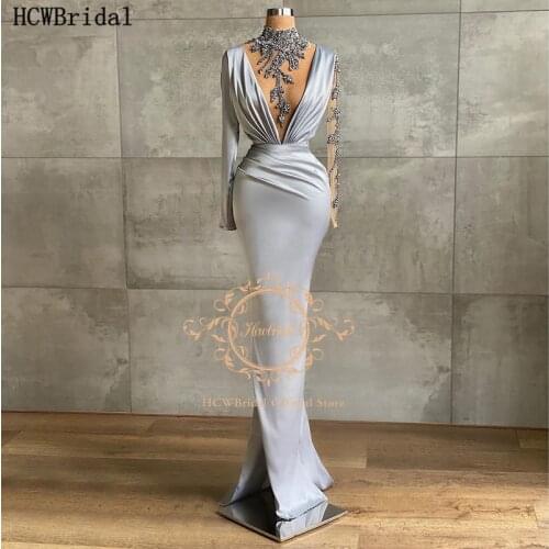 New Design 2021 Long Mermaid Silver Evening Dress Sheer Chic Beads Long Sleeves Formal Occasion Women Party Gowns Evening