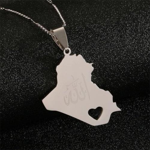 Stainless Steel Republic Of Iraq Map Pendant Necklace Gold Color Allah Name Map Heart Chain Jewelry