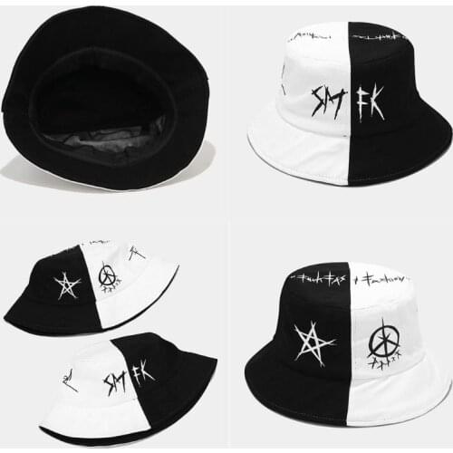 Men Women Summer Black White Color Block Bucket Hat Star Eye Graffiti Printed Patchwork Harajuku Hip Hop Outdoor Fisherman Cap