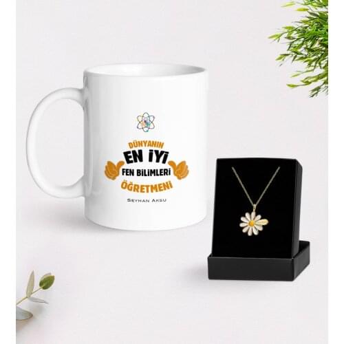 Personalized Science Teacher White Mug and Daisy Necklace Gift Seti-1