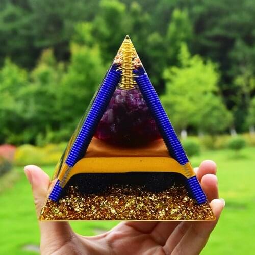 Large 10cm Amethyst Orgonite Pyramid Includes 4 Cooper Ring Energy Points Orgone For Meditation Yoga Big Energy Generator