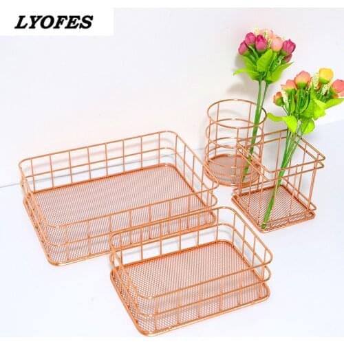 Rose Gold Iron Art Nordic Makeup Organizer Basket Eyeliner Brush Set Storage Cup Dressing Table Makeup Cosmetic Organizer Box