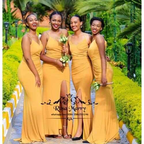 Sexy Plus Size African Mermaid Bridesmaids Dresses for Wedding 2020 Yellow Simple Cheap High Split Wedding Guest Gowns for Women