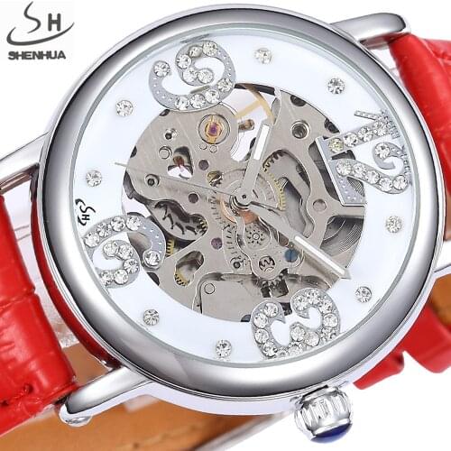 SHENHUA Skeleton Wristwatches Women Automatic Mechanical Watches Fashion Rhinestone Dress Self Wind Watch Relogio Feminino