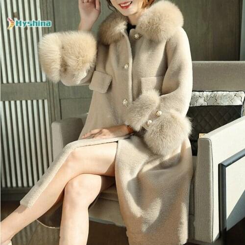 New Winter Real Fox Fur Collar Particles Sheep Shearing Fur Coat Jacket Women 's Mid -Length Wool Coat