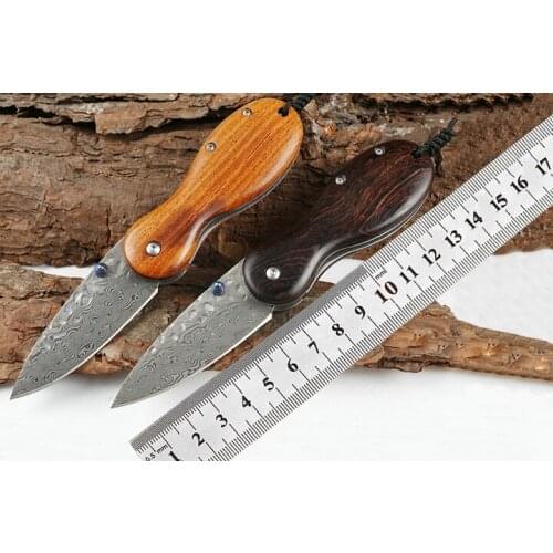 Damascus Steel Folding Knife Wooden Handle Tactical Holster EDC Outdoor Foldable Portable Survival Pocket Tool Self-Defense
