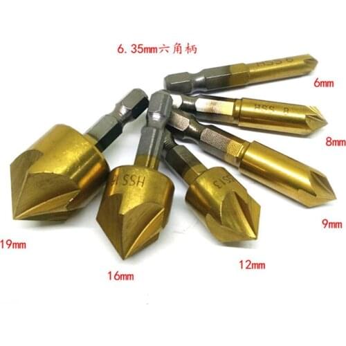 6pcs HSS Chamfer Countersink Chamfer Drill Bit 1/4" Hex Shank 90 Degree Wood Chamfering Cutter 6mm-19mm
