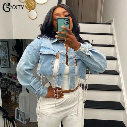 GBTXTY Streetwear Backless Ripped Holes Short Jeans Jacket Women Spring Autumn Chains Fringed Cut Out Short Denim Jacket ZL1214