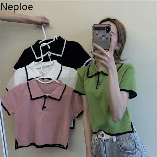 Neploe Knitted T Shirts Women Ins Fashion Turn Down Collar Short Sleeve Female Tops Summer 2021 Loose Casual Cropped Tees 1D108