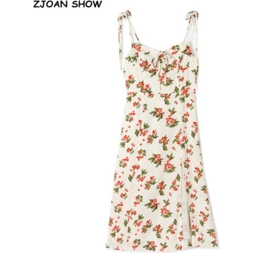 2021 Romantic Fruit Floral Print Bandage Spaghetti Strap Midi Dress Retro Women Bow Lacing Up Sling Slit Dresses Holiday Robe
