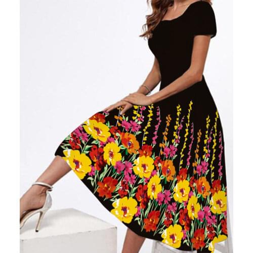Fashion Square Neck Party Dress For Women Summer Elegant Floral Printed Vintage Long Dress Casual Short Sleeve Lady A-Line Dress