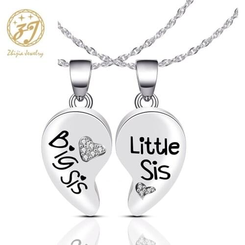Zhijia Trendy Silver Color Crystal Rhinestone "Big Sis Little Sis"Heart Shape Pendant Necklace For Women Sister Gifts