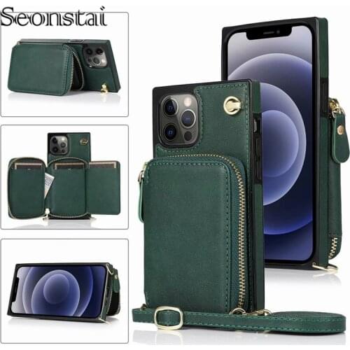 12Mini Zipper Leather Case for iPhone 12 11 Pro Max Card Slot Wrist Strap Phone Crossbody Cover For iPhone XS XR X 7 8 6 6s Plus