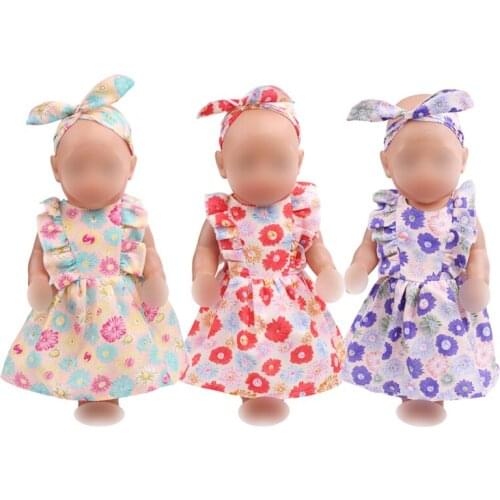 43 cm baby dolls Dress newborn Summer printed dress + headband Baby toys skirt fit American 18 inch Girls doll f521