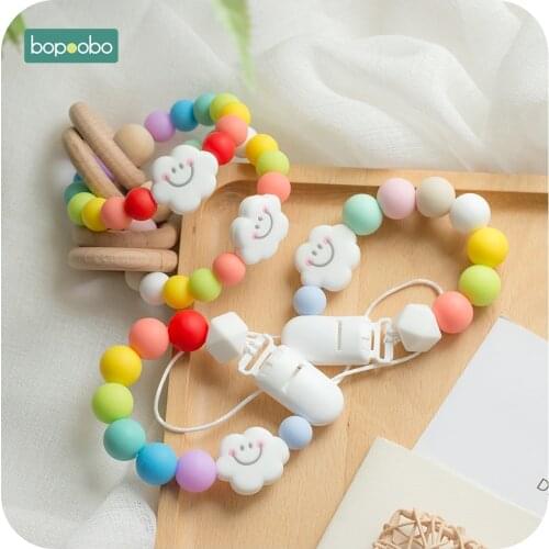 Bopoobo 1pc Musical Silicone Baby Rainbow Rattle 15mm BPA Free Silicone Beads Holder For Nipples Silicone Rodent Baby Teether