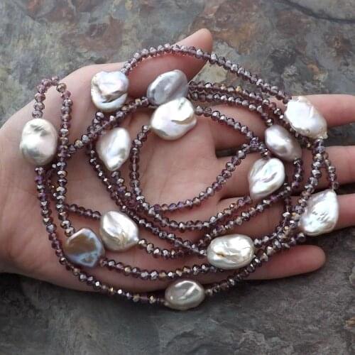 NEW Hand knotted 150cm white keshi freshwater pearl purple glass sweater necklace Sweater chain