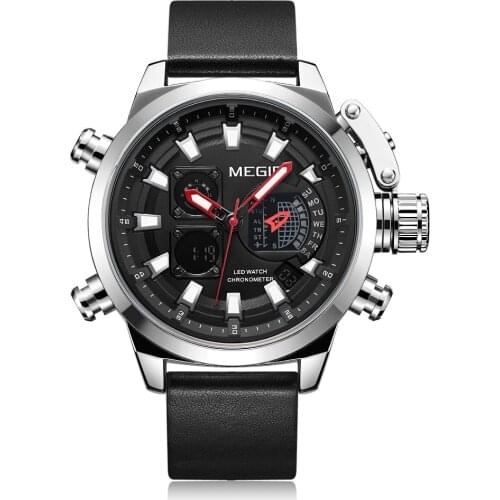 New MEGIR Watch Top Brand Luxury Men Digital LED Quartz Watches Movement Multifunction Waterproof Alarm Leather Wrist Watch 2020