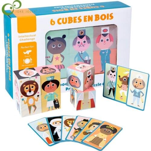 Wooden Children Puzzles Bulid Six-sided Painting Cartoon Variety Character Puzzle 3D Buliding Blocks Educational Toys Gift DDJ