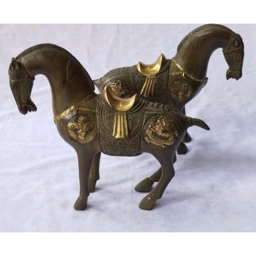 Long 24 CM/9.5 INCH, Antique Collection Chinese old bronze Qianlong Horse Sculpture,1 pair(dragon horse and Phoenix horse)