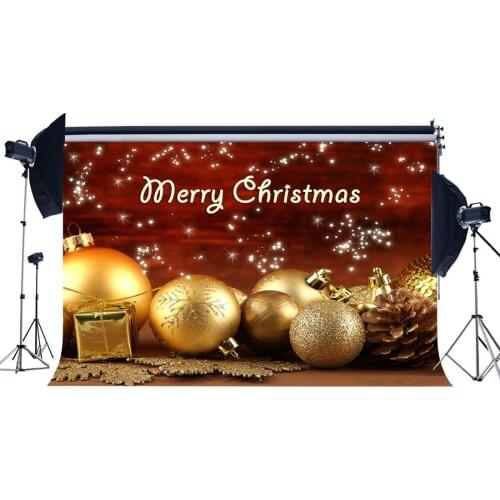 Photography Backdrop Merry Christmas Gifts Golden Balls Snowflakes Pine Nuts Shining Stars Xmas Happy New Year Background
