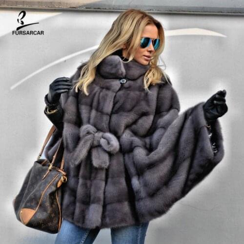 FURSARCAR 2020 Bat Sleeves Real Fur Mink Cape Grey Women Winter Shawl For Female Fashion Luxury Natural Fur Coat Genuine