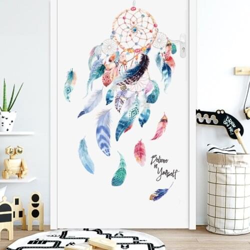 HOT 3D Dream Catcher Wall Sticker Colorful Feathers For Living Room Bedroom Door Glass Decoration Wallpaper Murals 45*60CM