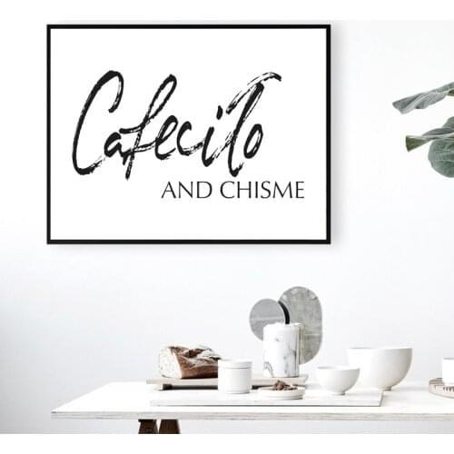 Spanish Coffee Quotes Prints Spain Café Sign Poster Decor , Cafecito and Chisme Spanglish Canvas Painting Wall Art Decoration