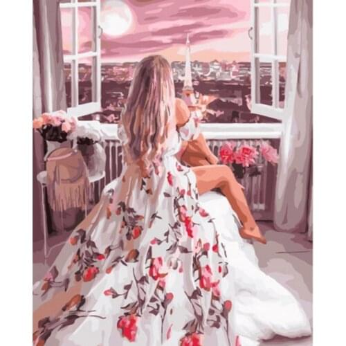 Back View Girl On Balc Figure Painting By Numbers Hand Painted Oil Painting Adult Child Picture Colouring Home Decor Unique Gift